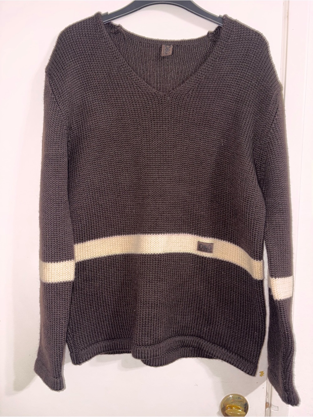 Dolce & Gabbana Brown V-Neck Knit Sweater with Cream Band